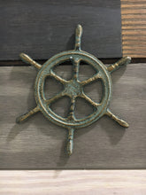 Load image into Gallery viewer, Patina Cast Iron Ships Wheel Wall Decor - Home Decor - Cast Iron - Castiron - Beach House - Star Fish - Nautical Decor - Wedding Gift - Gift