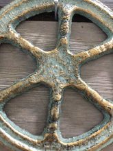 Load image into Gallery viewer, Patina Cast Iron Ships Wheel Wall Decor - Home Decor - Cast Iron - Castiron - Beach House - Star Fish - Nautical Decor - Wedding Gift - Gift
