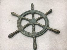Load image into Gallery viewer, Patina Cast Iron Ships Wheel Wall Decor - Home Decor - Cast Iron - Castiron - Beach House - Star Fish - Nautical Decor - Wedding Gift - Gift