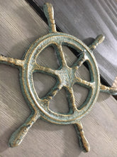 Load image into Gallery viewer, Patina Cast Iron Ships Wheel Wall Decor - Home Decor - Cast Iron - Castiron - Beach House - Star Fish - Nautical Decor - Wedding Gift - Gift