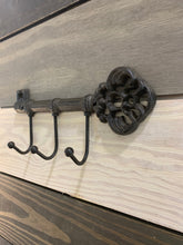 Load image into Gallery viewer, Cast Iron Key with hooks, Wall Decor, Antique Style Key with three hooks made of Cast Iron, Rustic Cast Iron Key Rack, Skeleton Key Rack