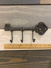 Load image into Gallery viewer, Cast Iron Key with hooks, Wall Decor, Antique Style Key with three hooks made of Cast Iron, Rustic Cast Iron Key Rack, Skeleton Key Rack