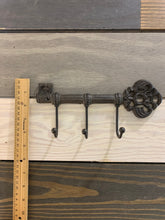 Load image into Gallery viewer, Cast Iron Key with hooks, Wall Decor, Antique Style Key with three hooks made of Cast Iron, Rustic Cast Iron Key Rack, Skeleton Key Rack