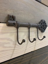 Load image into Gallery viewer, Cast Iron Key with hooks, Wall Decor, Antique Style Key with three hooks made of Cast Iron, Rustic Cast Iron Key Rack, Skeleton Key Rack