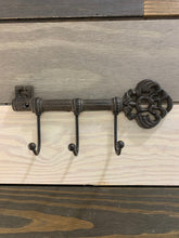Load image into Gallery viewer, Cast Iron Key with hooks, Wall Decor, Antique Style Key with three hooks made of Cast Iron, Rustic Cast Iron Key Rack, Skeleton Key Rack