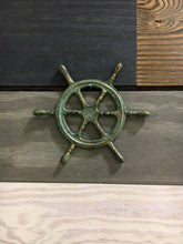 Load image into Gallery viewer, Patina Cast Iron Ships Wheel Wall Decor - Home Decor - Cast Iron - Castiron - Beach House - Star Fish - Nautical Decor - Wedding Gift - Gift
