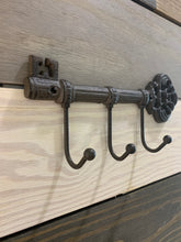 Load image into Gallery viewer, Cast Iron Key with hooks, Wall Decor, Antique Style Key with three hooks made of Cast Iron, Rustic Cast Iron Key Rack, Skeleton Key Rack
