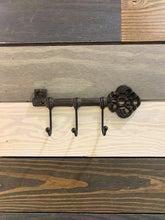 Load image into Gallery viewer, Cast Iron Key with hooks, Wall Decor, Antique Style Key with three hooks made of Cast Iron, Rustic Cast Iron Key Rack, Skeleton Key Rack
