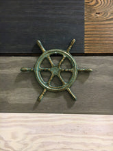 Load image into Gallery viewer, Patina Cast Iron Ships Wheel Wall Decor - Home Decor - Cast Iron - Castiron - Beach House - Star Fish - Nautical Decor - Wedding Gift - Gift
