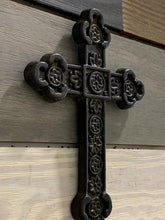 Load image into Gallery viewer, Rust Medallion Metal Wall Cross, Cast Iron Cross Wall Decor, Metal Wall Cross, Metal Cross Decor, Cross ornament, Symbolic Cross, Rustic
