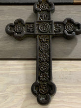 Load image into Gallery viewer, Rust Medallion Metal Wall Cross, Cast Iron Cross Wall Decor, Metal Wall Cross, Metal Cross Decor, Cross ornament, Symbolic Cross, Rustic
