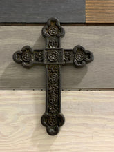 Load image into Gallery viewer, Rust Medallion Metal Wall Cross, Cast Iron Cross Wall Decor, Metal Wall Cross, Metal Cross Decor, Cross ornament, Symbolic Cross, Rustic
