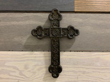 Load image into Gallery viewer, Rust Medallion Metal Wall Cross, Cast Iron Cross Wall Decor, Metal Wall Cross, Metal Cross Decor, Cross ornament, Symbolic Cross, Rustic
